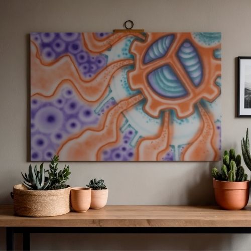 Abstract wall art featuring a peace sign motif in orange, purple, blue, and white, displayed on a wooden console table above potted succulents and cacti.