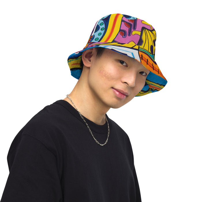 Person wearing a colorful bucket hat on a white background