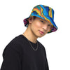 Person wearing a colorful bucket hat on a white background