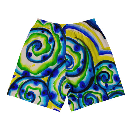 athletic shorts with swirling circular abstract patterns of aquas, blues, greens, and yellows
