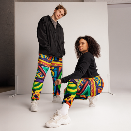 Two people wearing colorful abstract art  pants on a white background