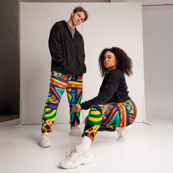 Two people wearing colorful abstract art  pants on a white background