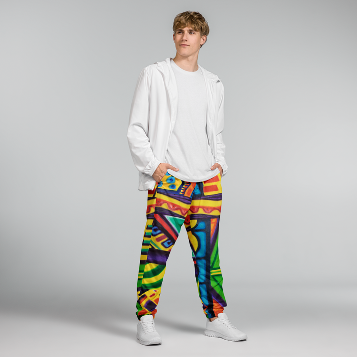 Person wearing colorful pants and a white hoodie on a gray background