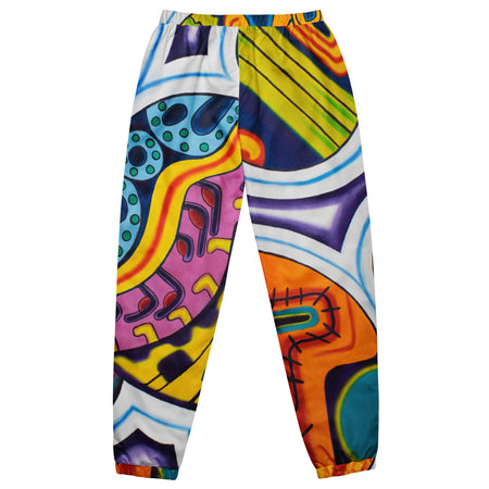 soft track pants with all over geometric abstract, psychedelic colorful designs.