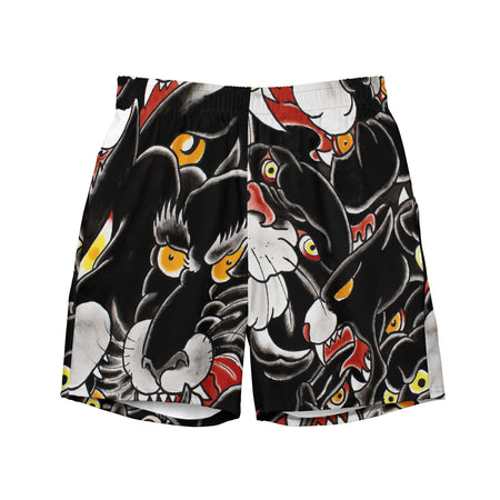 all over print swim trunks featuring multiple overlapping images of the classic black panther tattoo head artwork