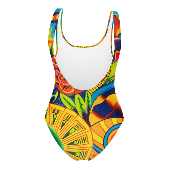 original art one piece womens swimsuit with a multicolored all over psychedelic print of geometric shapes