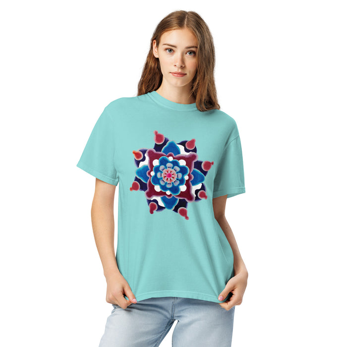 girl wearing a aqua t-shirt with a red and blue circle mandala design