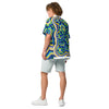 side view of a man wearing a short sleeve button up shirt with an all over design of blue, green, and yellow spirals