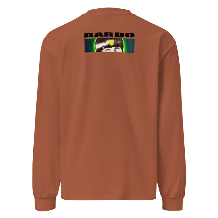log sleeve light brown t-shirt featuring original art of an artichoke radiating bands of psychedelic colors in red, orange, and green.