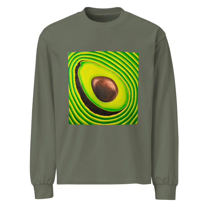 a light green long sleeved t-shirt featuring original art of a sliced avocado showing its pit radiating bands of psychedelic green, light green, and yellow