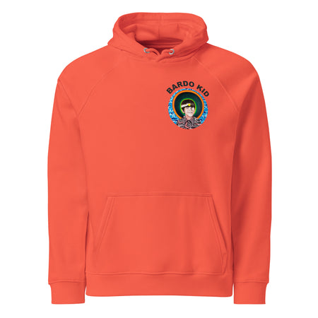 orange hoodie with a circular design on the back of many traditional tattoo designed black panther heads inside of it.