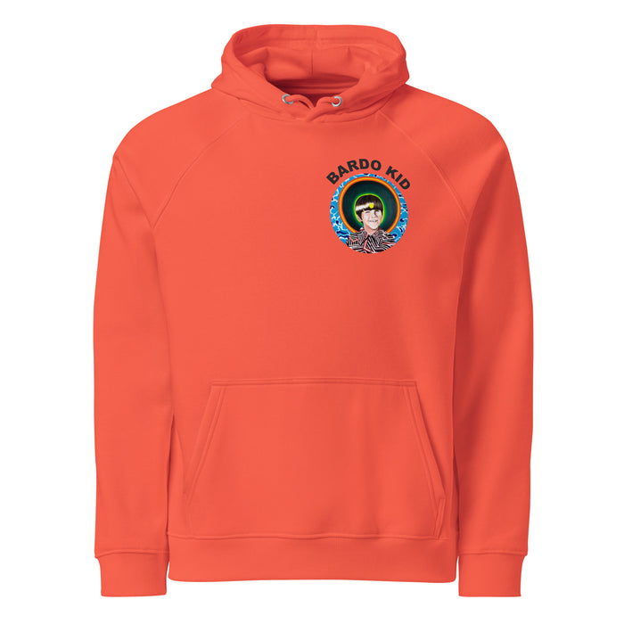 orange hoodie with a circular design on the back of many traditional tattoo designed black panther heads inside of it.
