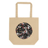 a biege tote bag with a circular image of many tattoo illustrations of a black panther head tightly overlapping each other in the circle