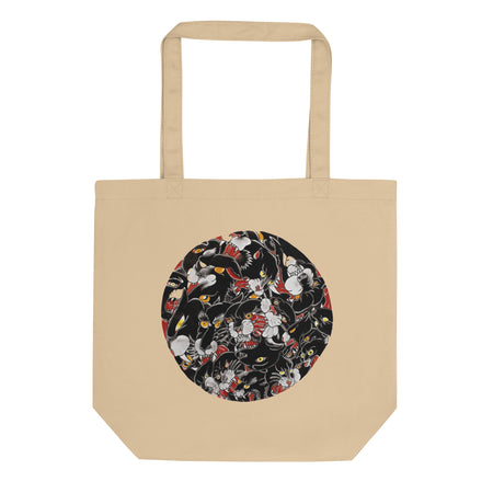 a biege tote bag with a circular image of many tattoo illustrations of a black panther head tightly overlapping each other in the circle