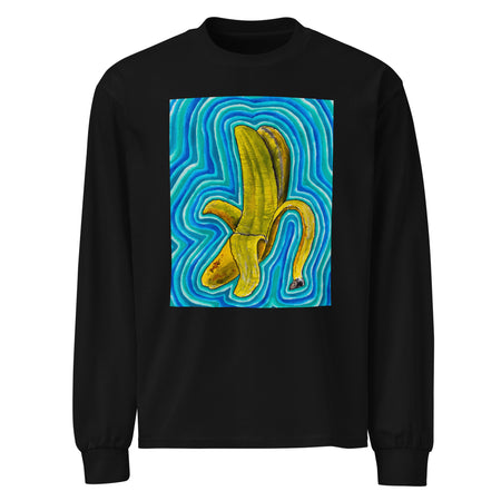 a black long sleeve t-shirt with original art of a peeling banana radiating bands of turquoise, blue, and green psychedelic color.
