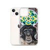 plastic phone case with face of chimp with a psychedelic background