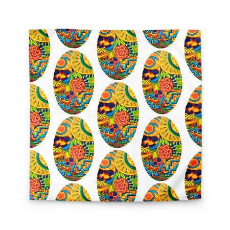 duvet cover with a repeating, oval shaped, multicolored, psychedelic, abstract design 
