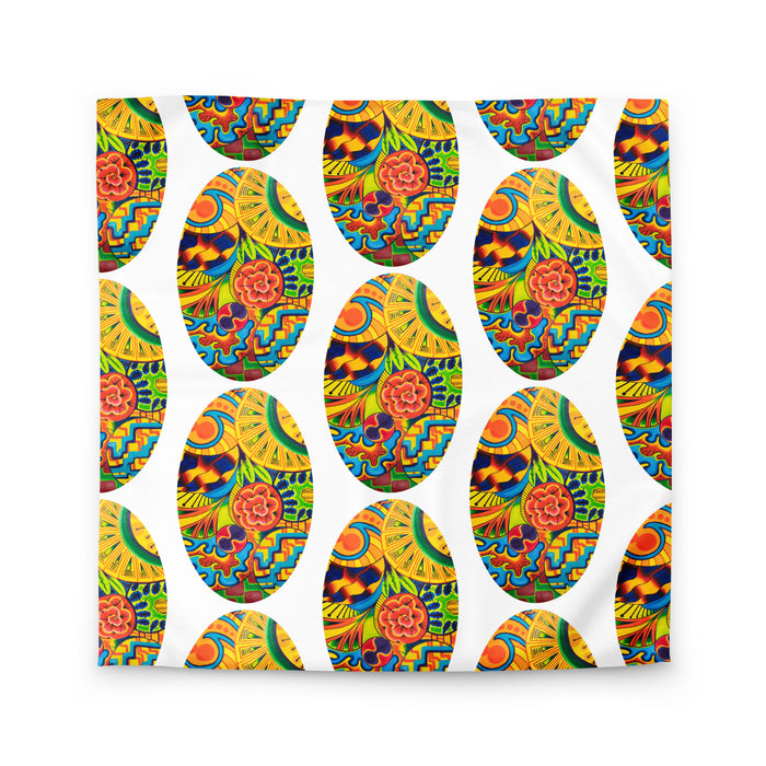 duvet cover with a repeating, oval shaped, multicolored, psychedelic, abstract design 