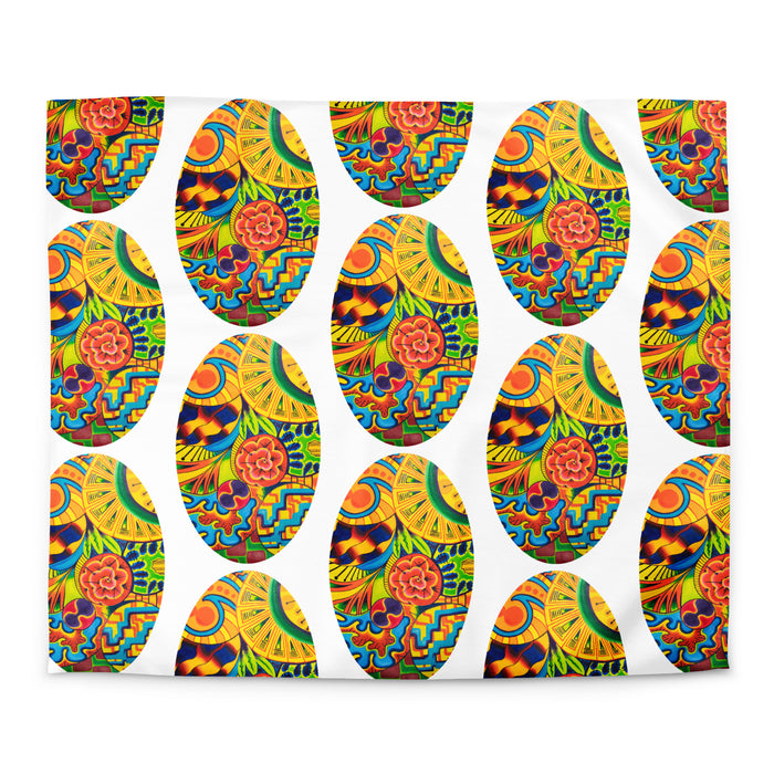 duvet cover with a repeating, oval shaped, multicolored, psychedelic, abstract design 