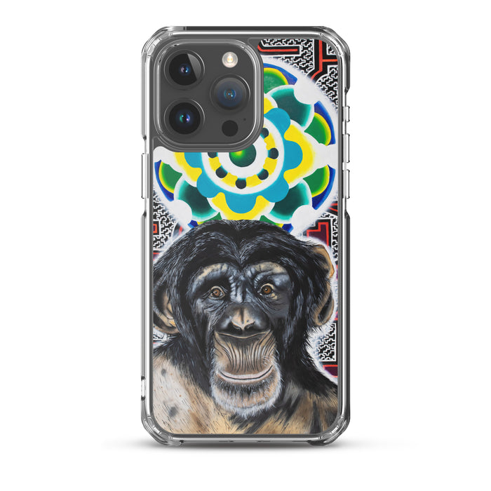 plastic phone case with face of chimp with a psychedelic background