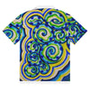 a short sleeve button up shirt with an all over design of blue, green, and yellow spirals