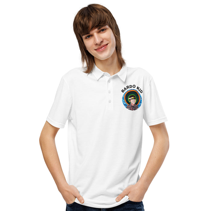 man wearing a tattoo art style black panther heads collage together inside of a circle shape on back of a white polo shirt with bardo kid logo on front
