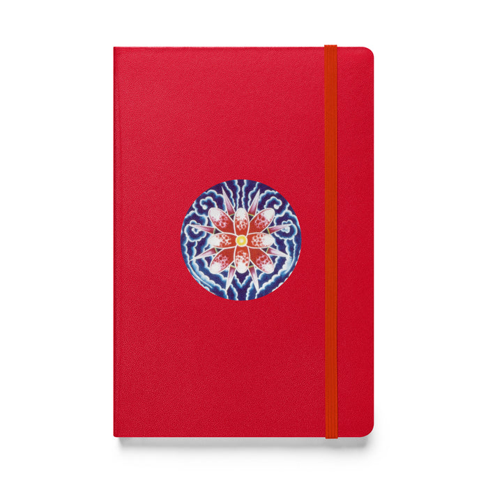 red bound journal with abstract , psychedelic, mandala floral art