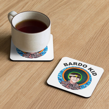 drink coaster with the bardo kid image of a young boy s head in front of a psychedelic background