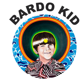 psychedelic visionary art logo featuring a boys face with tibetan clouds, a halo, and a forehead with a third eye