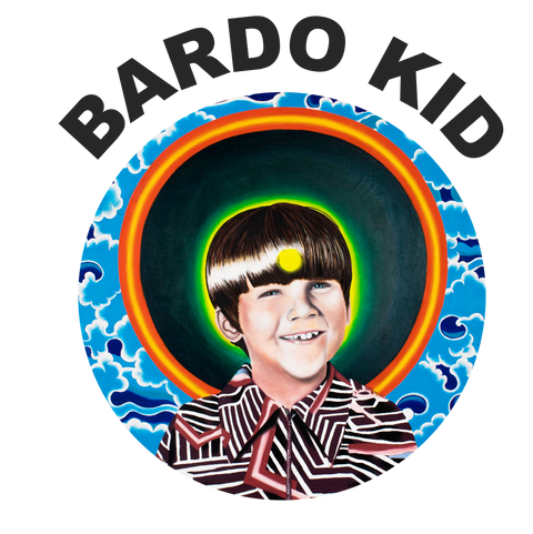 psychedelic visionary art logo featuring a boys face with tibetan clouds, a halo, and a forehead with a third eye