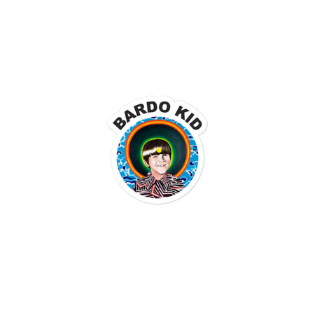circular full color sticker featuring the bardo kid logo of a young boy with a psychedelic background