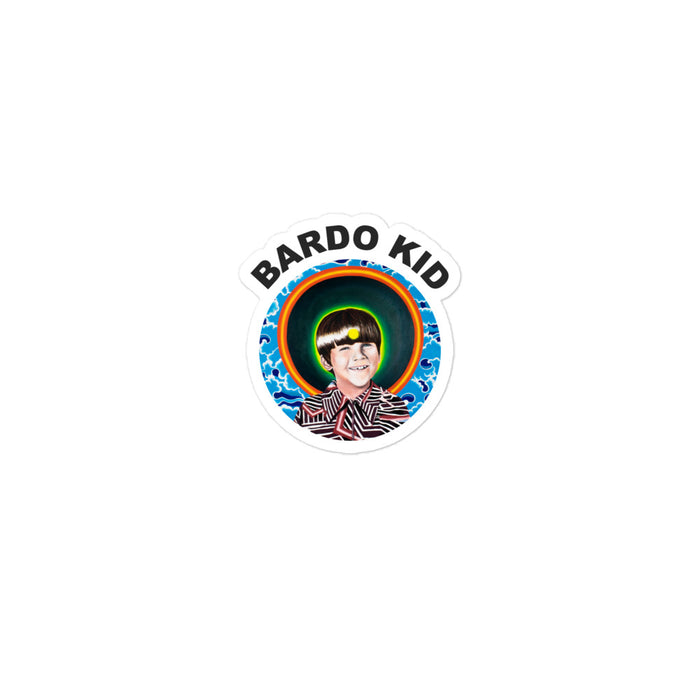 circular full color sticker featuring the bardo kid logo of a young boy with a psychedelic background