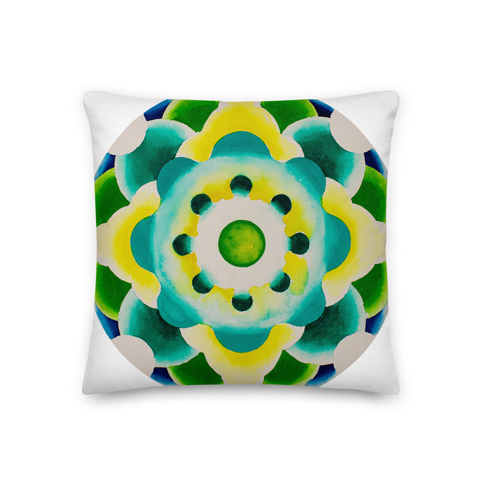 square throw pillow with aqua colored circular mandala art