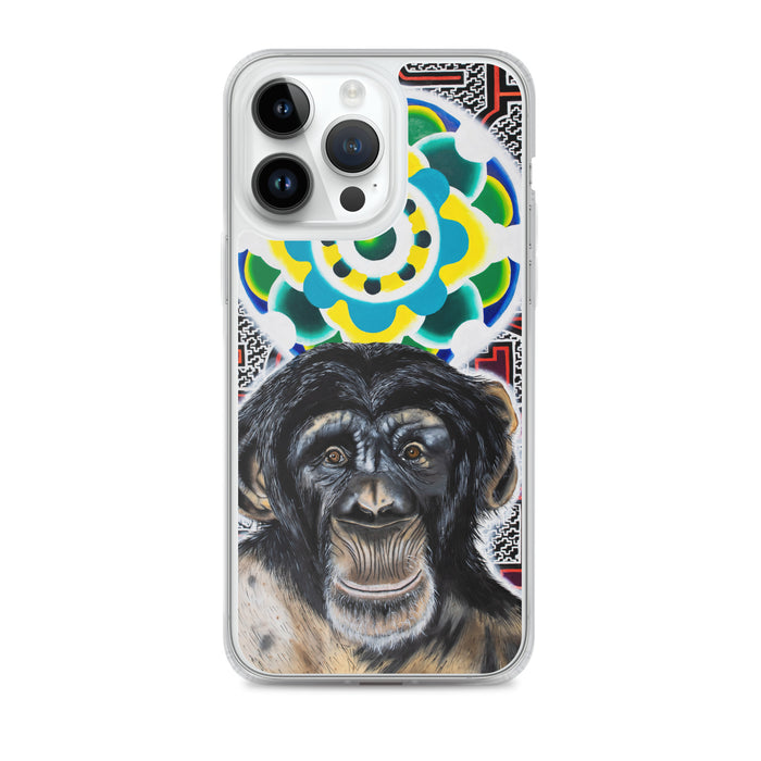 plastic phone case with face of chimp with a psychedelic background