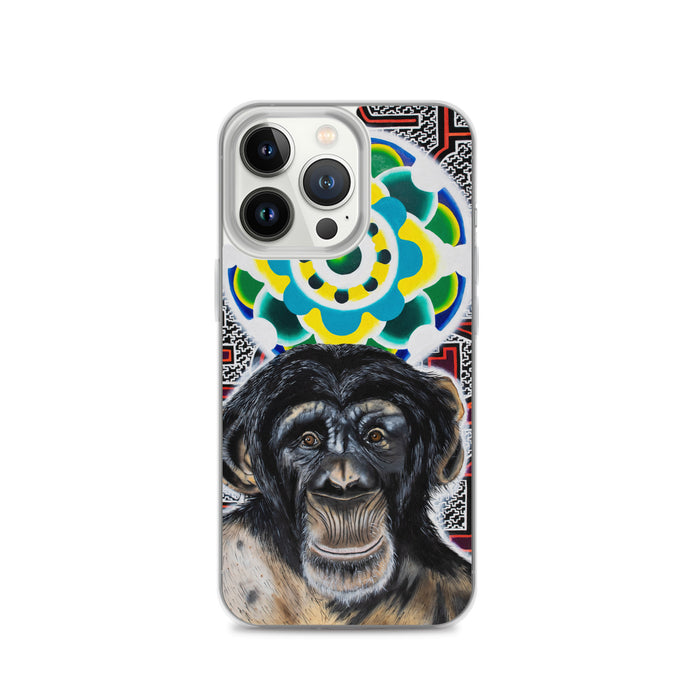 plastic phone case with face of chimp with a psychedelic background