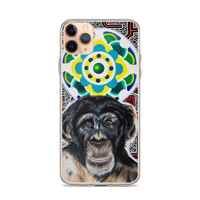 plastic phone case with face of chimp with a psychedelic background