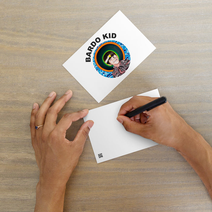 custom postcard featuring the Bardo Kid logo of a young boys face on a psychedelic background.