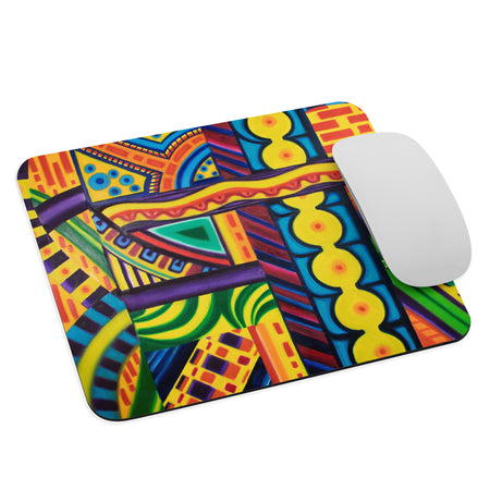 a mouse pad printed with a multicolored psychedelic, abstract image