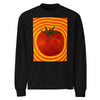 black long sleeve t with a realistic tomato radiating bands of reds, oranges, and yellows