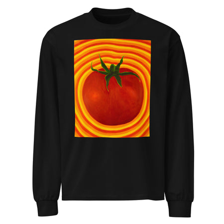black long sleeve t with a realistic tomato radiating bands of reds, oranges, and yellows