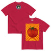 red t-shirt with psychedelic tomato design radiating bands of reds, and oranges