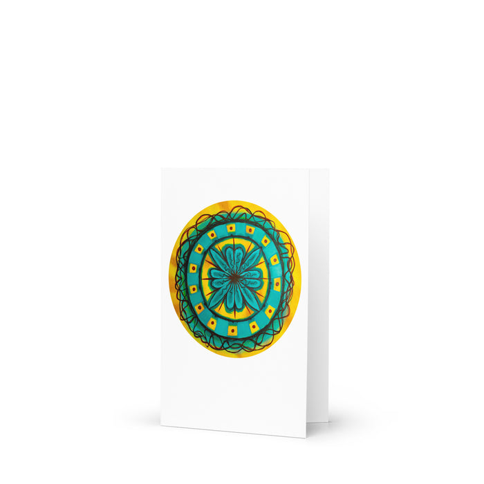 custom greeting card with an abstract circular design in turquoises and yellows
