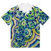 a short sleeve button up shirt with an all over design of blue, green, and yellow spirals