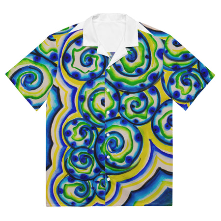 a short sleeve button up shirt with an all over design of blue, green, and yellow spirals