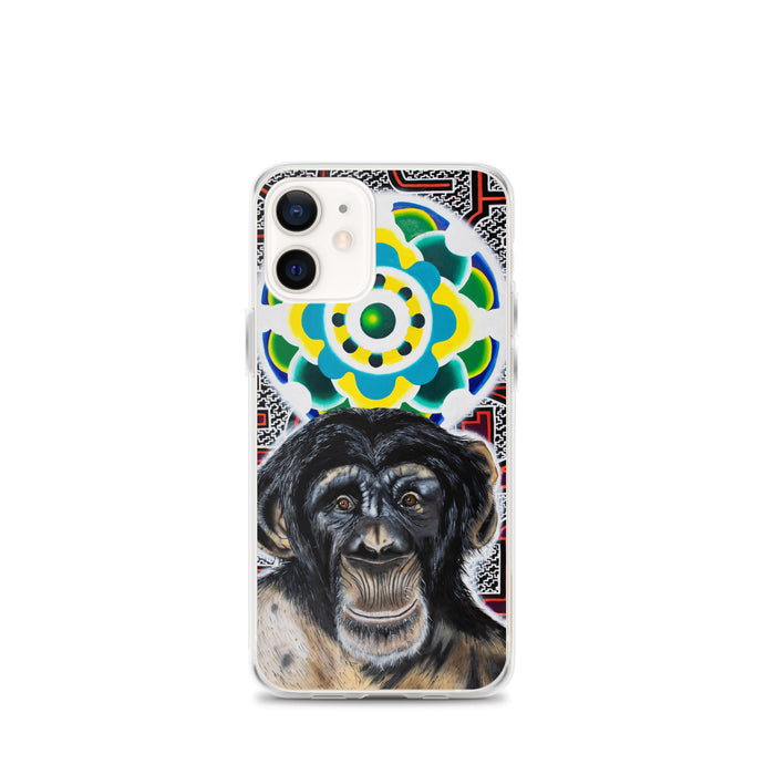 plastic phone case with face of chimp with a psychedelic background
