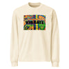 off white long sleeve t-shirt with a multicolored abstract design contained within a rectangle with the word vibrate written across itct