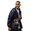 man wearing a Crossbody bag with a black background and colorful tattoo themed black panther  pattern on a white background
