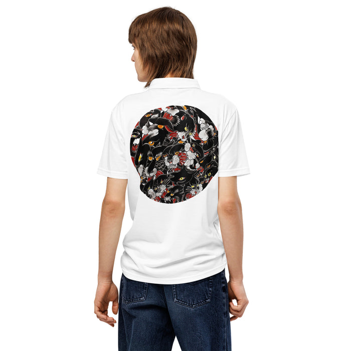 man wearing a tattoo art style black panther heads collage together inside of a circle shape on back of a white polo shirt