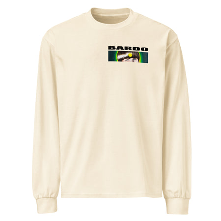 off white long sleeve -shirt with a circle on the front containing original art of classic black panther tattoo design heads all squished together