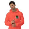A man wearing a bright coral-orange hoodie with a circular graphic on the left chest that reads 'BARDO KID' and shows a cartoon boys face. The background is solid white.